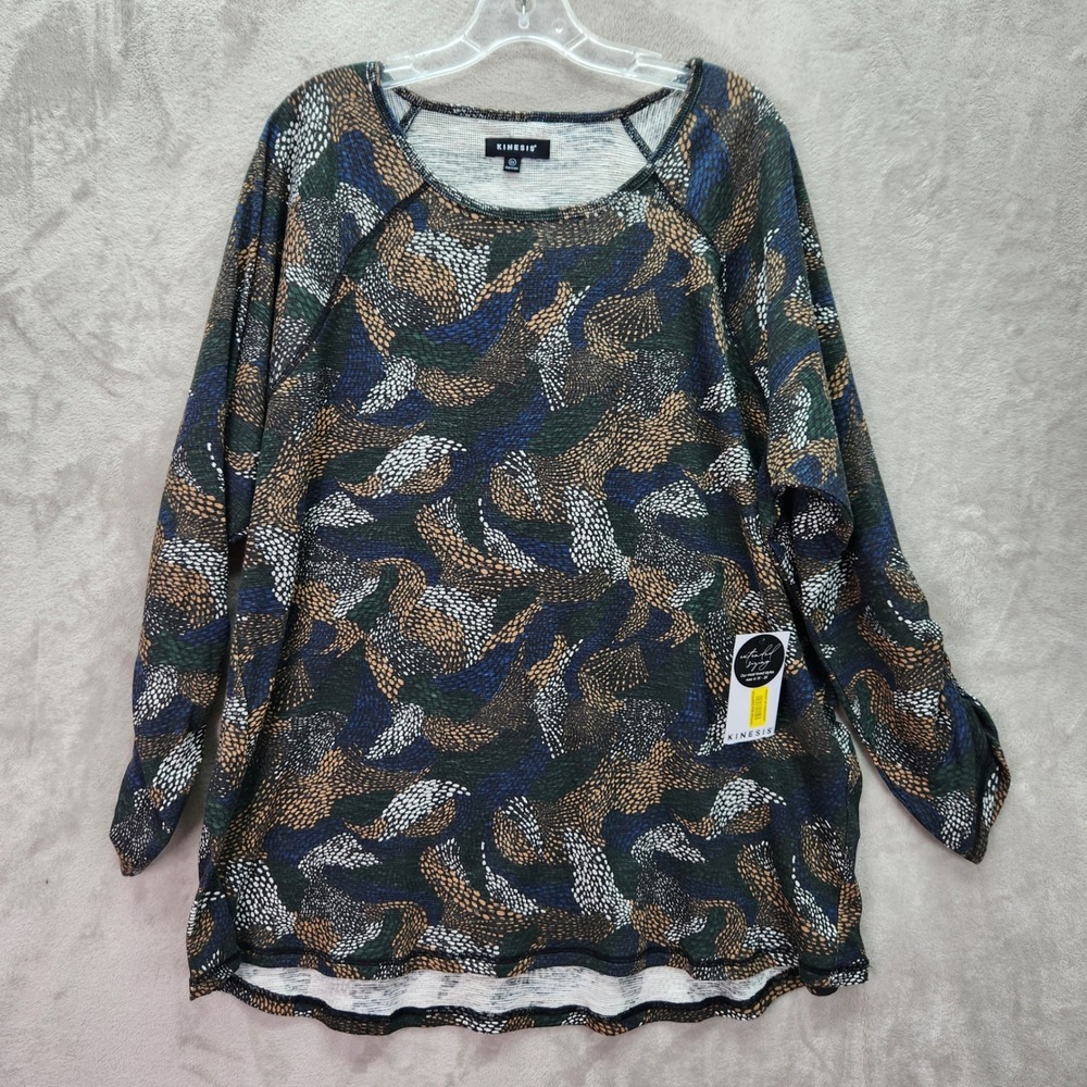 Kinesis Womens 2X‎ Long Sleeve Top Spot Wave Print Athleisure Casual Blouse New